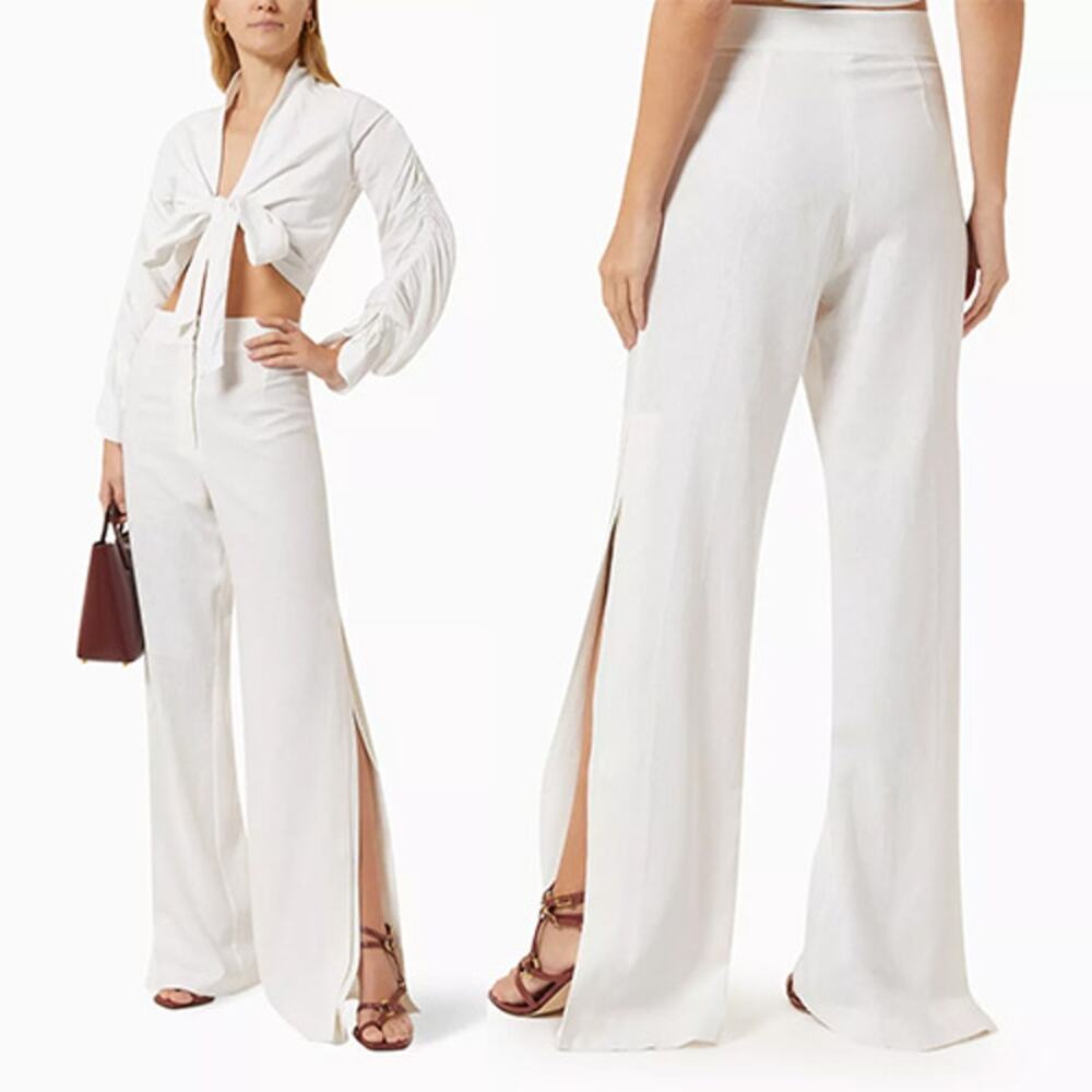 NWT Just Bee Queen Edie High Rise Flared Pants Women's White Linen Size: XS